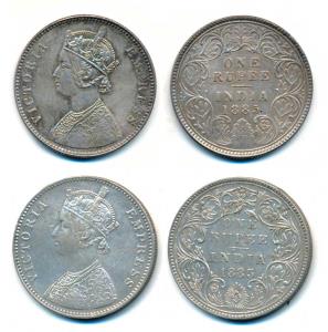 Victoria Empress, Silver Rupee, 1885 (2), Calcutta Mint, A1 / I / C incuse; Bombay Mint, A