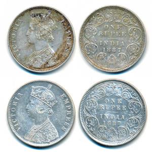 Victoria Empress, Silver Rupee, 1887 (2), Calcutta Mint, A4 / I / C incuse; Bombay Mint, C