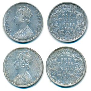 Victoria Empress, Silver Rupee (2), 1888 & 1889 both Calcutta Mint, C3 / I / C incuse; (Pr