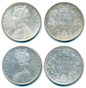 Victoria Empress, Silver Rupee (2), 1888, Bombay Mint, C2 / I / B raised, 1889, Bombay Min