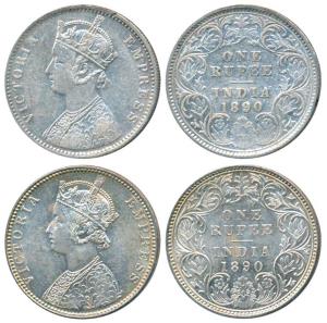 Victoria Empress, Silver Rupee (2), 1890, Calcutta Mint, C3 / I / C incuse; Bombay Mint, C
