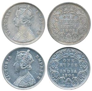 Victoria Empress, Silver Rupee (2), 1900 & 1901, both, Calcutta Mint, C3 / I / C incuse; (