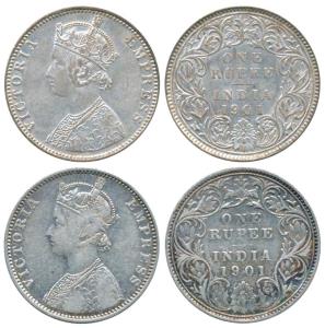 Victoria Empress, Silver Rupee, 1901 (2), Bombay Mint, C5 / I / B incuse; A3 / I / B incus