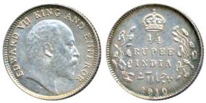 Edward VII, Silver ¼ Rupee, 1910, Calcutta Mint, (Prid 439). Extremely Fine.