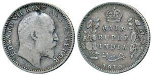 Edward VII, Silver ½ Rupee, 1910, Calcutta Mint, No mint mark, (Prid 314). Very Fine.