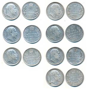 Edward VII, Silver Rupee (7), 1903, 1904, 1905, 1906, 1907, 1908 and 1909 all Bombay Mint,