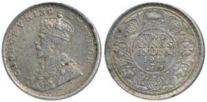 George V, Silver 2 Annas, 1911 Calcutta Mint, (Prid 564). About Extremely Fine, Rare.