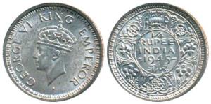 George VI, Half Silver ¼ Rupee, 1945, Bombay Mint, Rev Ia dot, Large 5 (Prid 470). About U