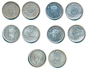 George VI, Silver & Half Silver ½ Rupee, 1940 Calcutta Mint; 1939 (2), 1941, 1944 Bombay M