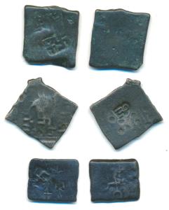 Satavahanas, Sri Satakarni, Copper Unit (3), overstruck variety the first with a swastika,