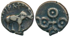 Satavahans, Sri Satakarni, Bronze Unit, 4.91g obv. elephant walking to right with upraised