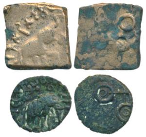 Satavahans, Bronze Fraction, 2.48g, elephant walking to right with upraised trunk, and Bra