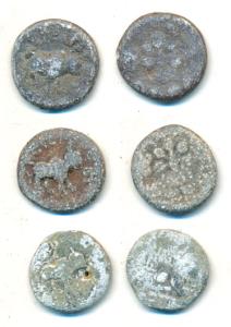 Satavahanas, Sri Satakarni, Lead Heavy Unit (3), 13g, 16.3 and 16.8g, obv. bull walking to