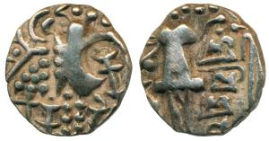 Karkotakas of Kashmir, Vigrahapala, Base Gold Dinara, 7.57g, seated goddess with legend Sh