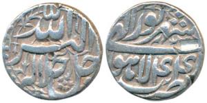 Akbar, Silver Rupee, 11.28g, Lahore Mint, Ilahi type, Month Shahrewar, Year 44 (KM 93.11).