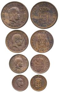 Carlos, complete set of Copper ½, ¼, 1/8 and 1/12 Tanga, 1901. Very Fine+ to About Uncircu