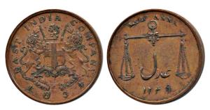 Copper ½ Anna, 12.91g, 1834, coat of arms of the EIC and date on obv., Scales, value and d