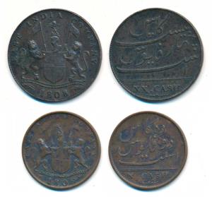 Copper 20 and 10 Cash, coat of arms of the EIC and date 1808 on obv., value in English on 