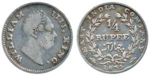 William IV, Silver ¼ Rupee, 1835, Calcutta Mint, RS incuse, Wreath with 20 Berries, the wo