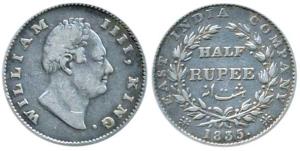 William IV, Silver ½ Rupee, 1835, Calcutta Mint, F incuse, 20 Berries, (Prid 69). Very Fin