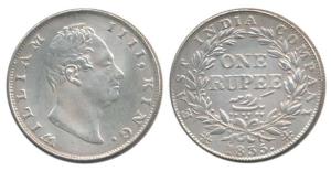 William IV, Silver Rupee, 1835, Calcutta Mint, Dug out ’F’ incuse, A / III, Bud leaves, 19