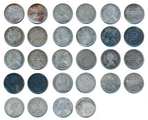 Victoria Queen and Empress, Silver 2 Annas (14), 1841 divided legend, 1862, 1874, 1875, 18