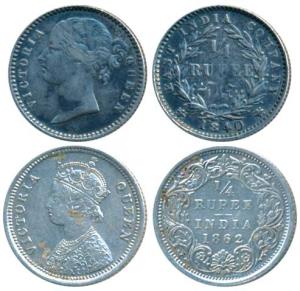 Victoria Queen, Silver ¼ Rupee, 1840, Divided legend; 1862. Very Fine+. (2)