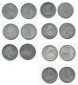 Victoria Empress, Edward VII and George V, Silver 2 Annas (7), 1895, 1896, 1907, 1914, 191