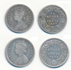 Victoria Queen & Empress, Silver ¼ Rupee, 1874, Bombay Mint, A / I / dot, & 1897, Calcutta