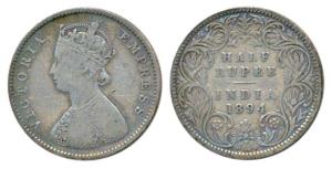 Victoria Empress, Silver ½ Rupee, 1894, Calcutta Mint, A / I / C incuse, (Prid 278). About