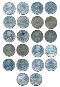 Victoria Empress, Silver Rupee, 1879, 1880 (2), 1885, 1886, 1888, 1893, 1901 (4). Mostly V
