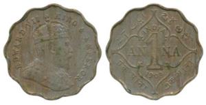 Edward VII, Cupro-Nickel 1 Anna, 1909. Very Fine.