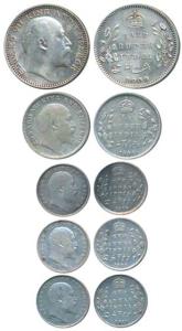 Edward VII, Silver ½ and ¼ Rupee, 1909 and 1904; Silver 2 Annas, 1903, 1904 and 1910. Very