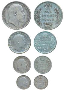 Edward VII, set of 4, Silver Rupee, ½, ¼ and 2 Annas, 1910. Fine+ to Very Fine+. (4)
