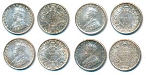 George V, Silver ¼ Rupee (4), 1925, 1928, 1934 and 1936. Extremely Fine to mostly Uncircul