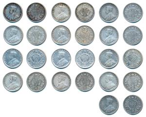 George V, Silver ½ Rupee (13), 1912, 1914, 1916, 1917, 1918, 1919, 1921, 1922, 1924, 1926,