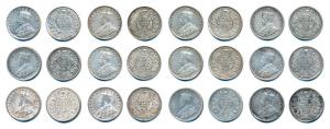 George V, Silver ½ Rupee (12), 1912, 1916, 1918 (2), 1919, 1921, 1936 (6). Fine+ to Very F