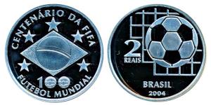 Brazil, Silver 2 Reais, 27g, Football, Centenary of FIFA, 2004 (KM 666). Proof, Rare.