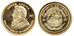Liberia, Gold 10 Dollars, .5g (half gram), 2005, Krugerrand, .585 Fine. Proof.