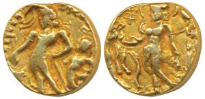 Guptas, Chandragupta II, Gold Dinar, 8g, ‘Chhatra’ type, obv. king standing facing left, o