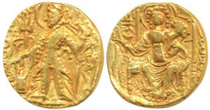 Later Kushanas, Shaka (c. 320-350 AD), Gold Dinar, 7.73g, obv. king nimbate, standing left