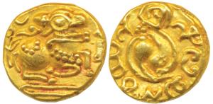 Nolambas, Mahendra II (975-981 AD), Gold Nandi Gadyana, 3.8g, obv. a humped recumbent bull