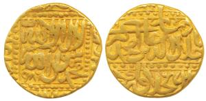 Akbar, Gold Mohur, 10.8g, Dar-ul- Khilafat Agra Mint, AH 986, Kalima on obv. within dotted