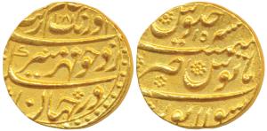 Aurangzeb, Gold Mohur, 11g, Solapur Mint, AH 1081/15, near complete mint name at bottom (K