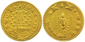 Gold 2 Pagodas, 5.91g, Gopuram of a temple with 9 stars on either side, value in English a