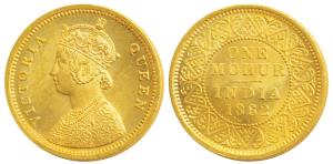 Victoria Queen, Gold Mohur, 11.7g, 1862, single flower in bottom panel of jabot, without V