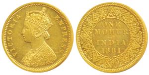 Victoria Empress, Gold Mohur, 11.66g, 1881, V in Jabot (Prid 18). About Extremely Fine, Ra