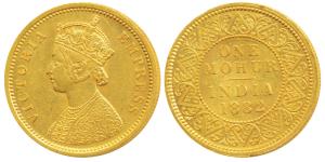 Victoria Empress, Gold Mohur, 11.67g, 1882, V in Jabot (Prid 19). About Extremely Fine, Ra