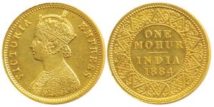 Victoria Empress, Gold Mohur, 11.67g, 1884, V in Jabot (Prid 20). Extremely Fine, Very Rar