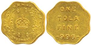 Bombay Mint, Token, Gold 1 Tola, 11.65g, H M Mint, crown within wreath and Bombay below on